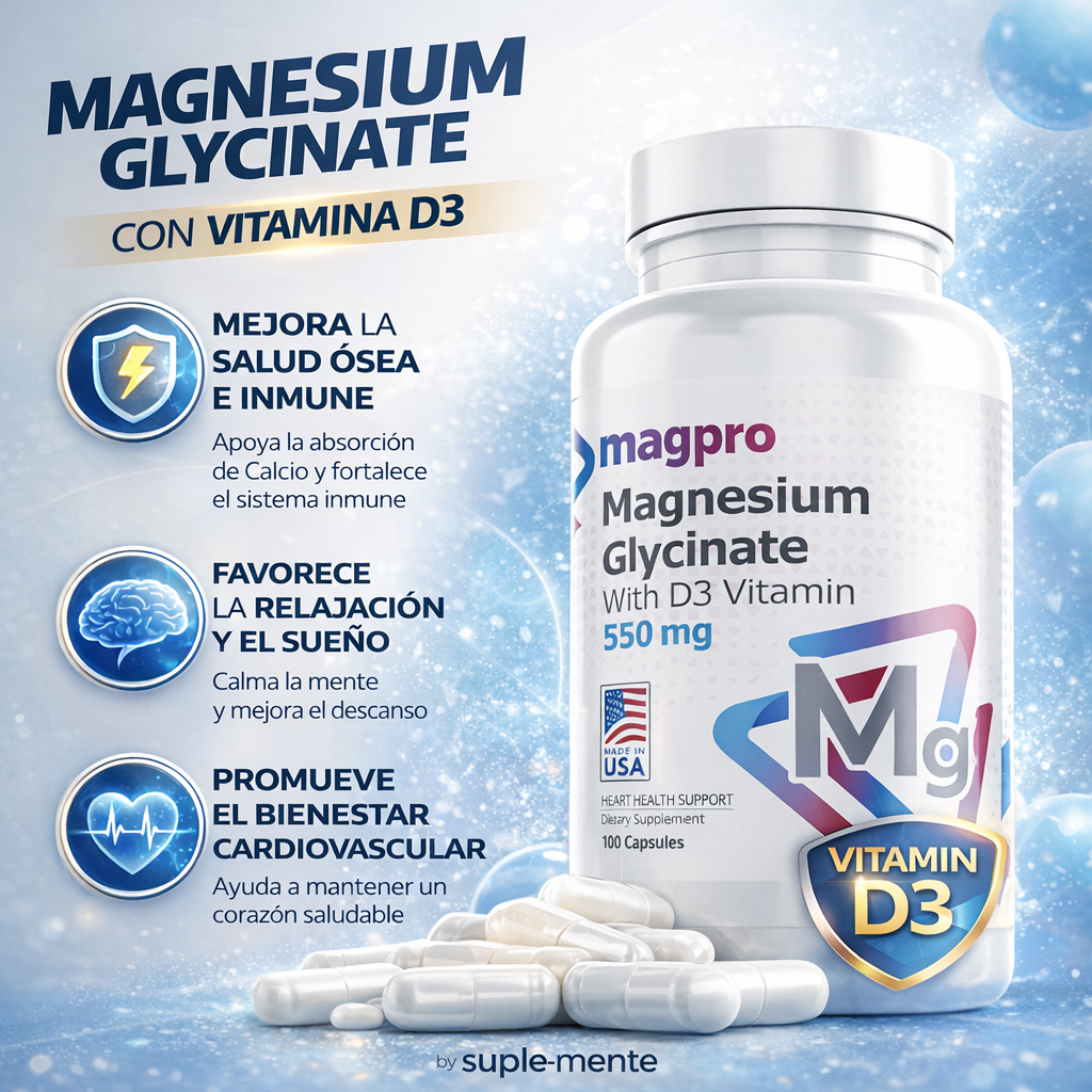 Glicinato de Magnesio 550 mg + Vitamina D3 x 100 Caps