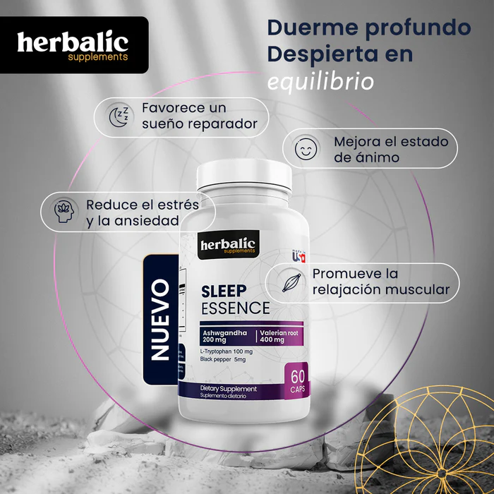 Sleep Essence x 60 caps Ashwagandha, Valeriana, L-Triptófano y Pimienta Negra